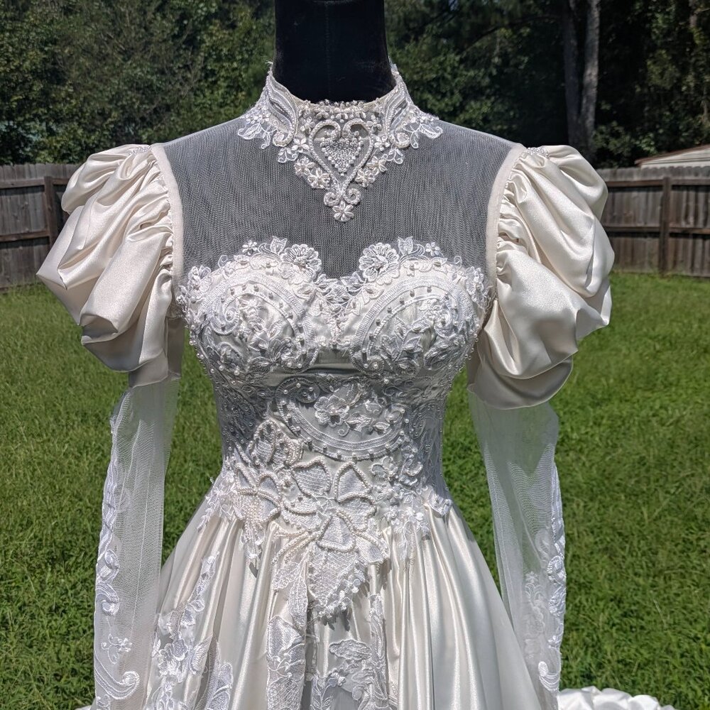 Ethereal Edwardian Victorian Vintage Wedding Dress Puff Sleeve Beaded